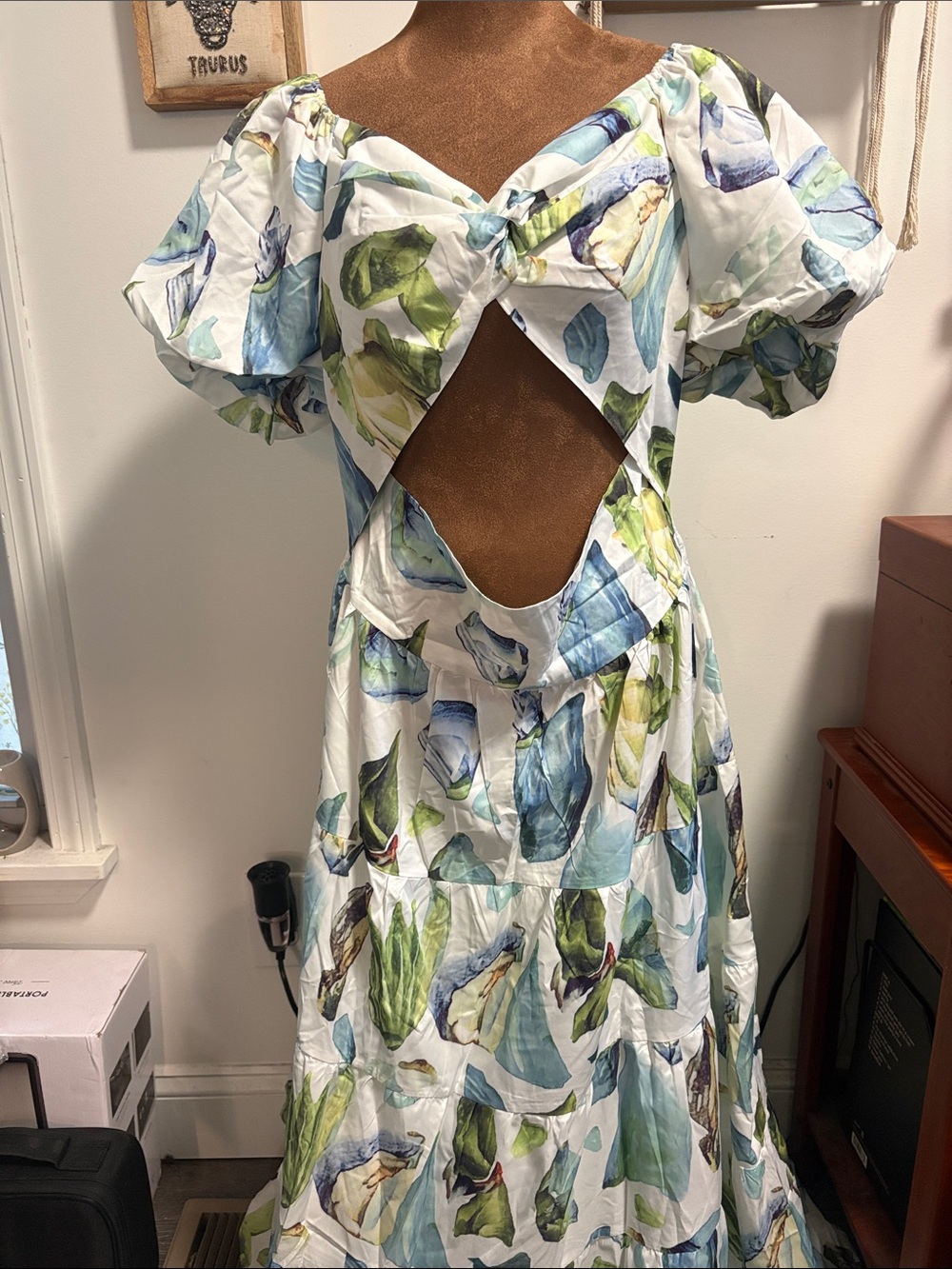 White Floral Cutout Maxi Dress with Blue & Green Print *NWT*